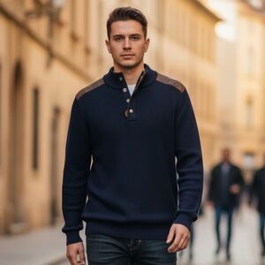 Men's Navy Sweater with Brown Accents